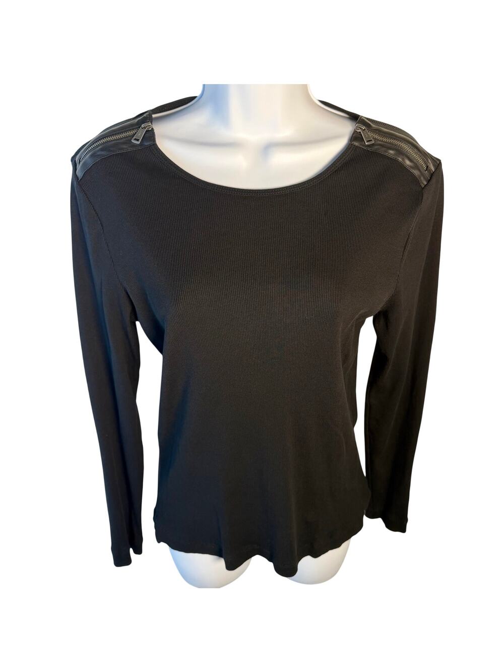 Lauren Ralph Lauren Women's Black ribbed blouse w/faux leather zippers LG  y2k